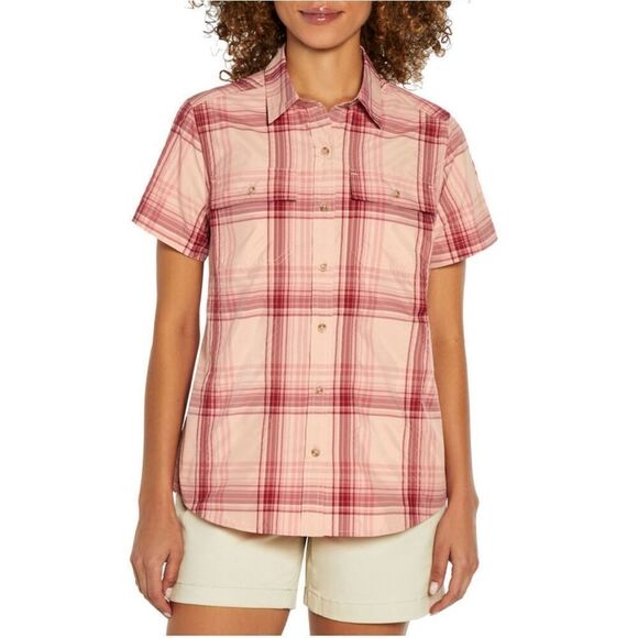 NEW Eddie Bauer Adventure Shirt Women’s Large Short Sleeve Pink White Plaid NWT - Picture 1 of 15